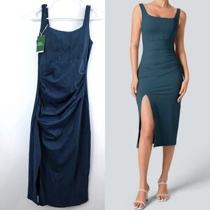 NWT Halara Softlyzero Airy Square Neck Backless Corset Slit Dress XS  Runched